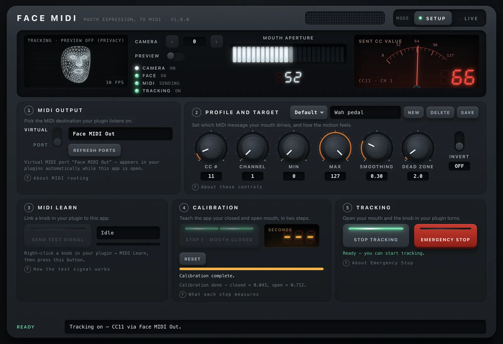 Face MIDI setup screen: a wireframe of the tracked face, the mouth aperture bar graph, the sent CC meter, six knobs and the calibration panel