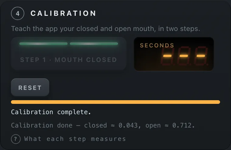 The calibration panel with its STEP 1 key, RESET key and the SECONDS display